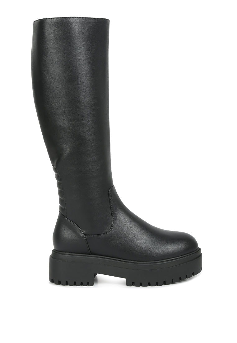 Stylish Axle Knee Boot featuring a chunky platform heel and elasticated gussets, crafted from durable faux leather in black.