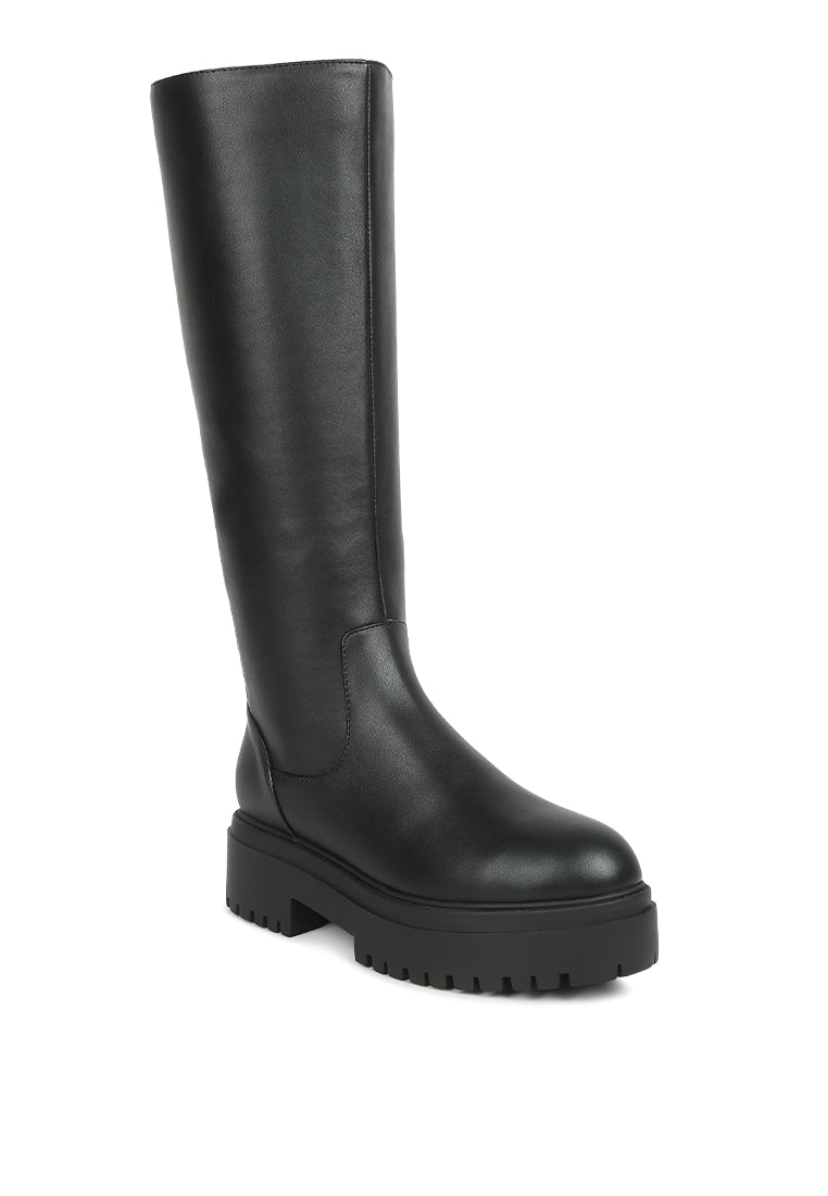 Stylish Axle Knee Boot featuring a chunky platform heel and elasticated gussets, crafted from durable faux leather in black.