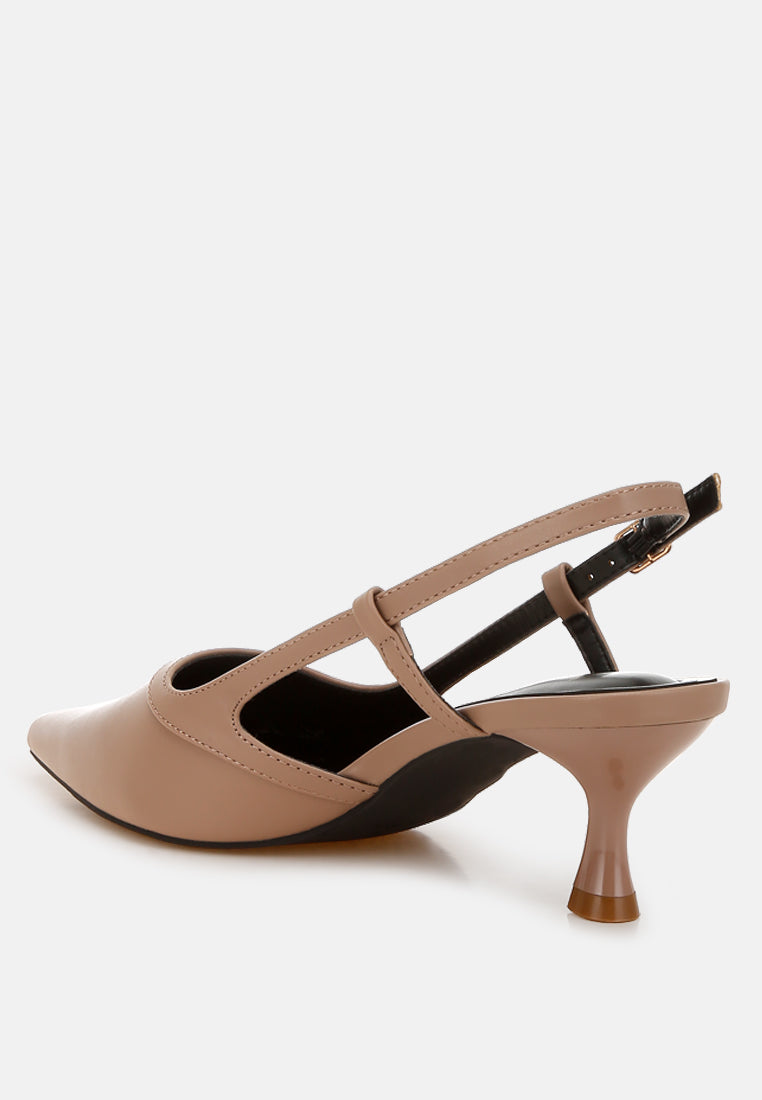 Axton Kitten Heel Slingback Sandals in faux leather with closed pointed toe and kitten heel, perfect for stylish occasions.