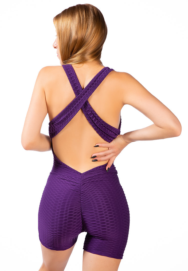 Back Cross Strap Yoga Jumpsuit featuring a halter neck design and textured knitted fabric, perfect for workouts.