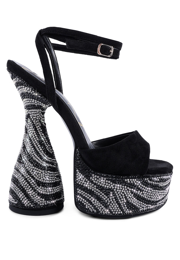 Elegant Backstage Rhinestone Embellished Ultra High Platform Sandals showcasing rhinestone details and a stylish hourglass heel.