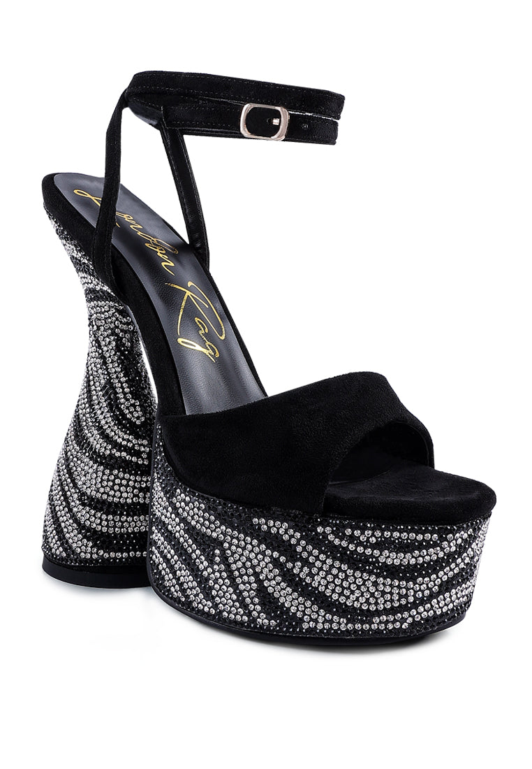 Elegant Backstage Rhinestone Embellished Ultra High Platform Sandals showcasing rhinestone details and a stylish hourglass heel.