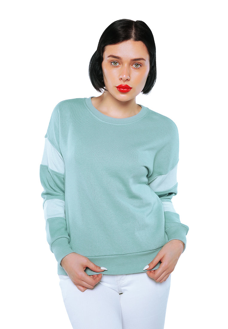 Sage green Basic Full Sleeves Sweatshirt with light tinted patches on sleeves, showcasing a relaxed fit and closed neck design.