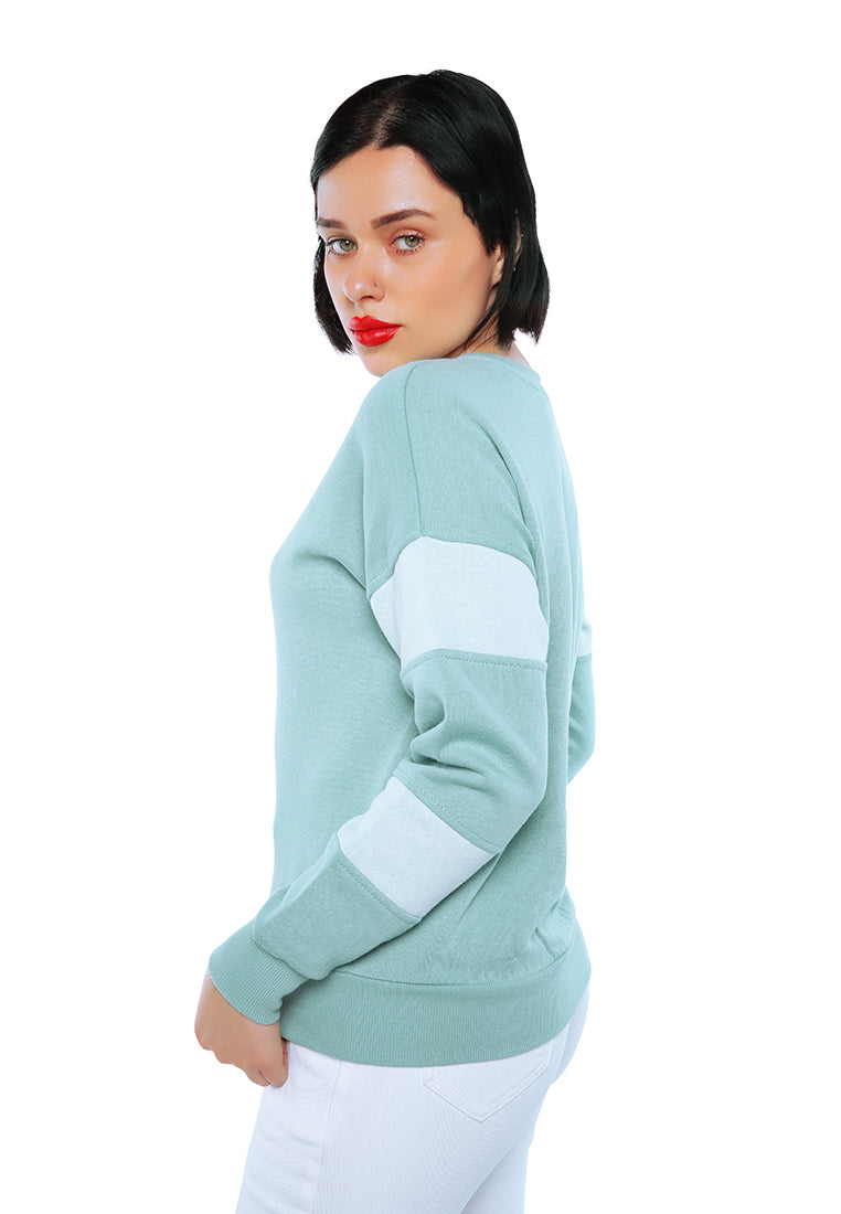 Sage green Basic Full Sleeves Sweatshirt with light tinted patches on sleeves, showcasing a relaxed fit and closed neck design.