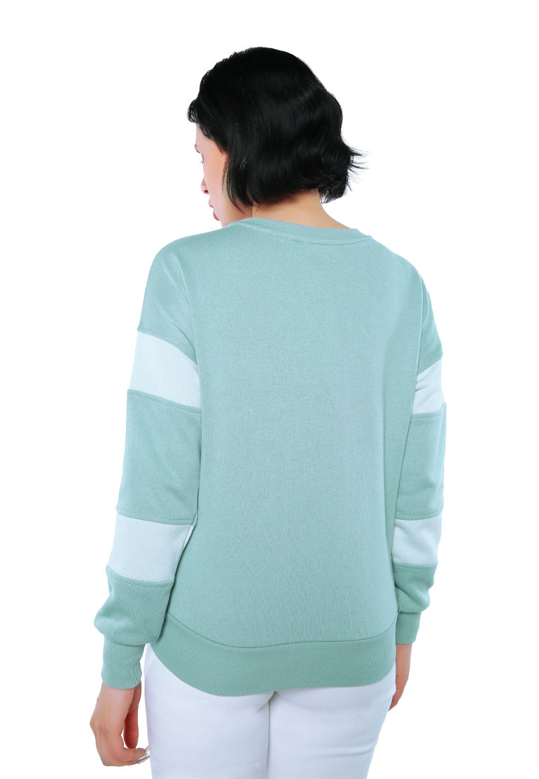 Sage green Basic Full Sleeves Sweatshirt with light tinted patches on sleeves, showcasing a relaxed fit and closed neck design.