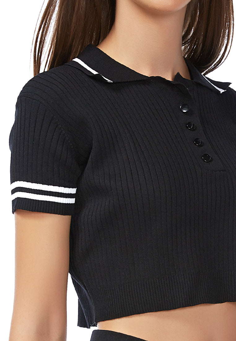 Be A Sport Cropped Polo T Shirt featuring pink striped short sleeves and a collared neckline, made from a breathable cotton blend.