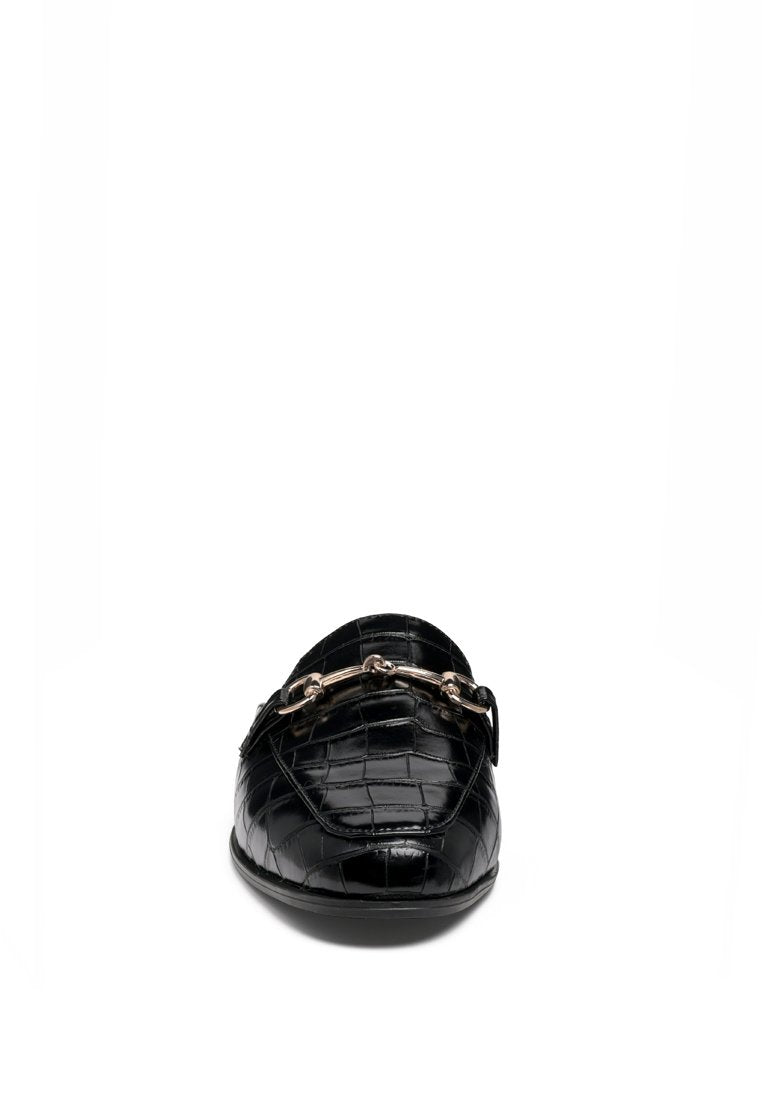 Stylish Begonia Buckled Faux Leather Croc Mules featuring a chic croc pattern and metallic buckle detail.