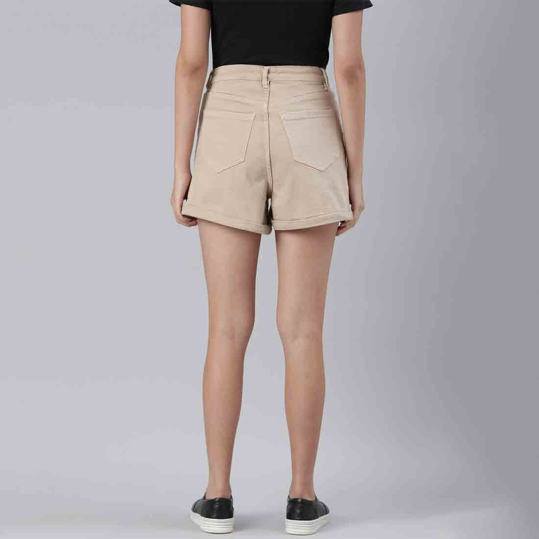 Beige high waist shorts with upturned hem and pockets, showcasing a stylish summer look.