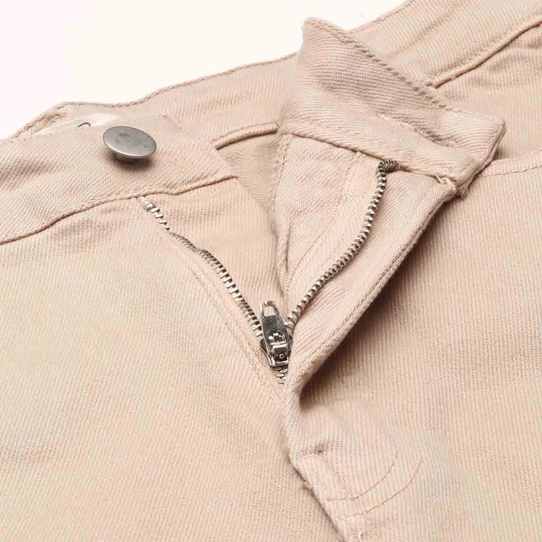 Beige high waist shorts with upturned hem and pockets, showcasing a stylish summer look.