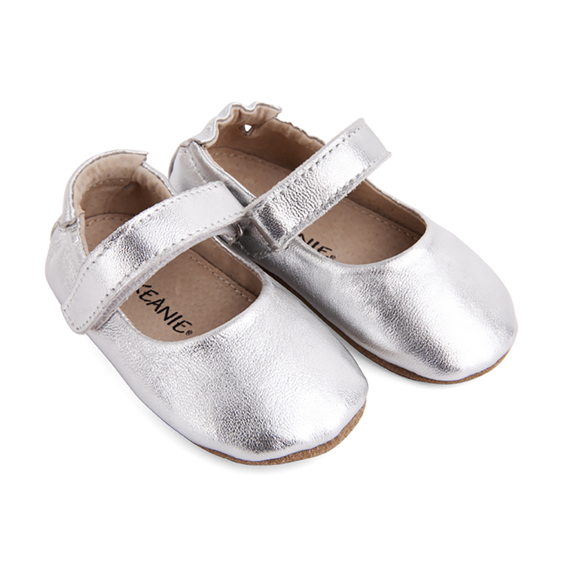 Bella Pre/First Walker Mary Jane Shoes in Metallic Silver, handcrafted leather with elasticized ankle collar and hook and loop fastening.