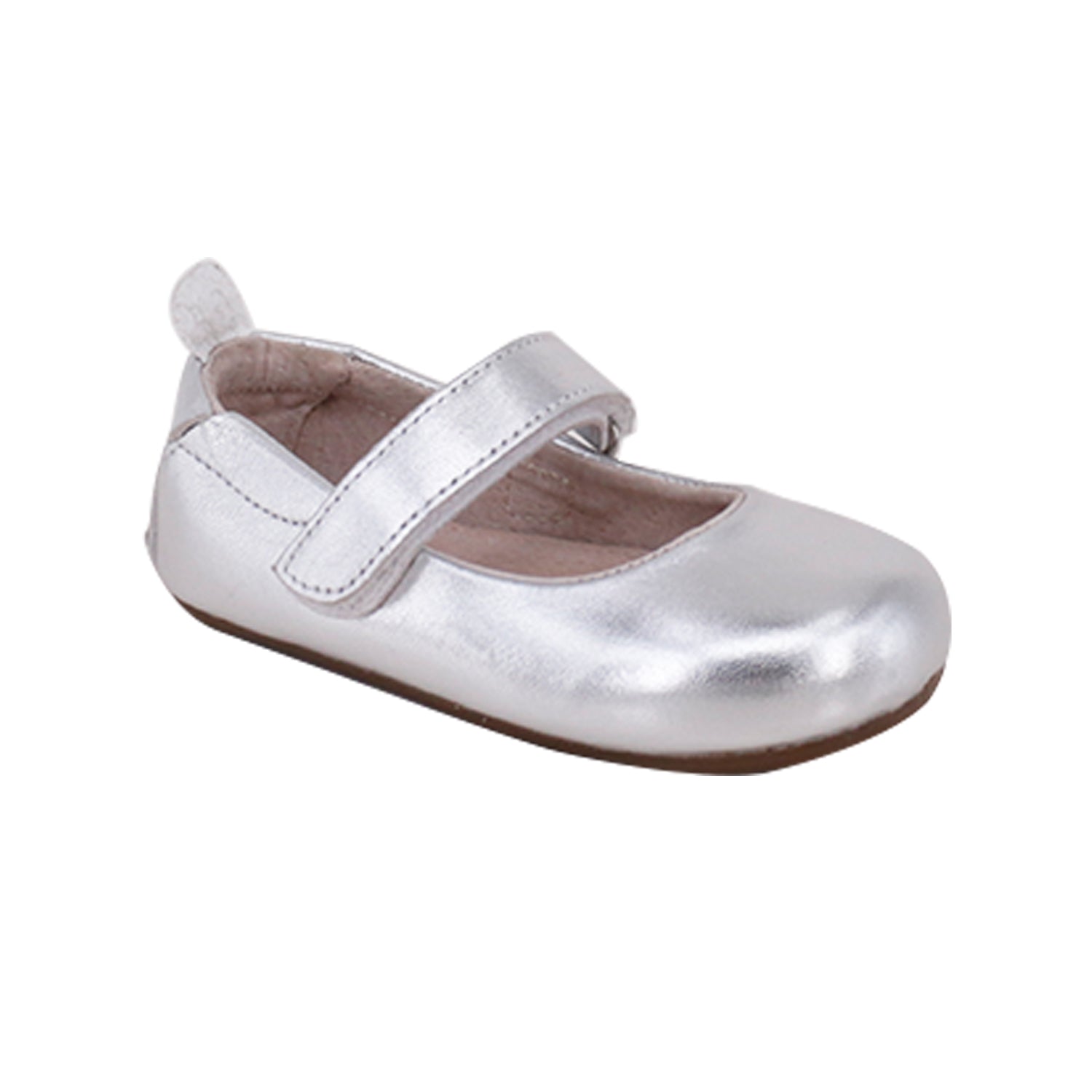 Bella Pre/First Walker Mary Jane Shoes in Metallic Silver, handcrafted leather with elasticized ankle collar and hook and loop fastening.