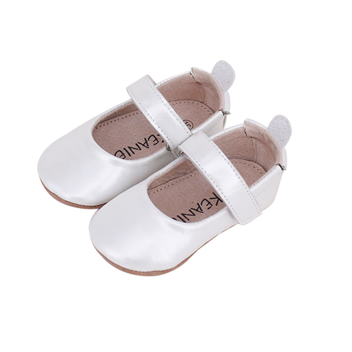 Bella Pre/First Walker Mary Jane Shoes in Pearl White, handmade leather shoes with a hook and loop closure and elasticised ankle collar for infants.