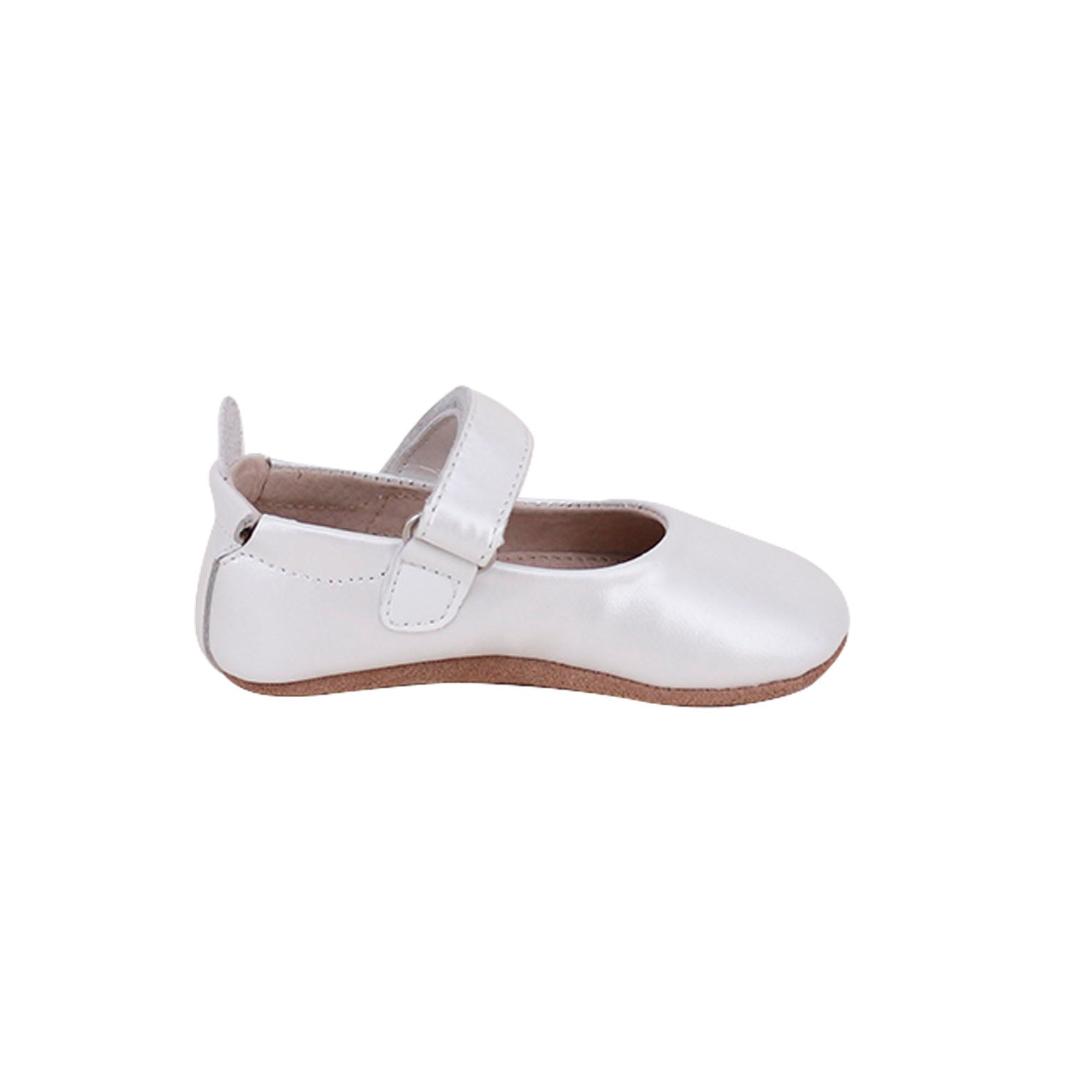 Bella Pre/First Walker Mary Jane Shoes in Pearl White, handmade leather shoes with a hook and loop closure and elasticised ankle collar for infants.