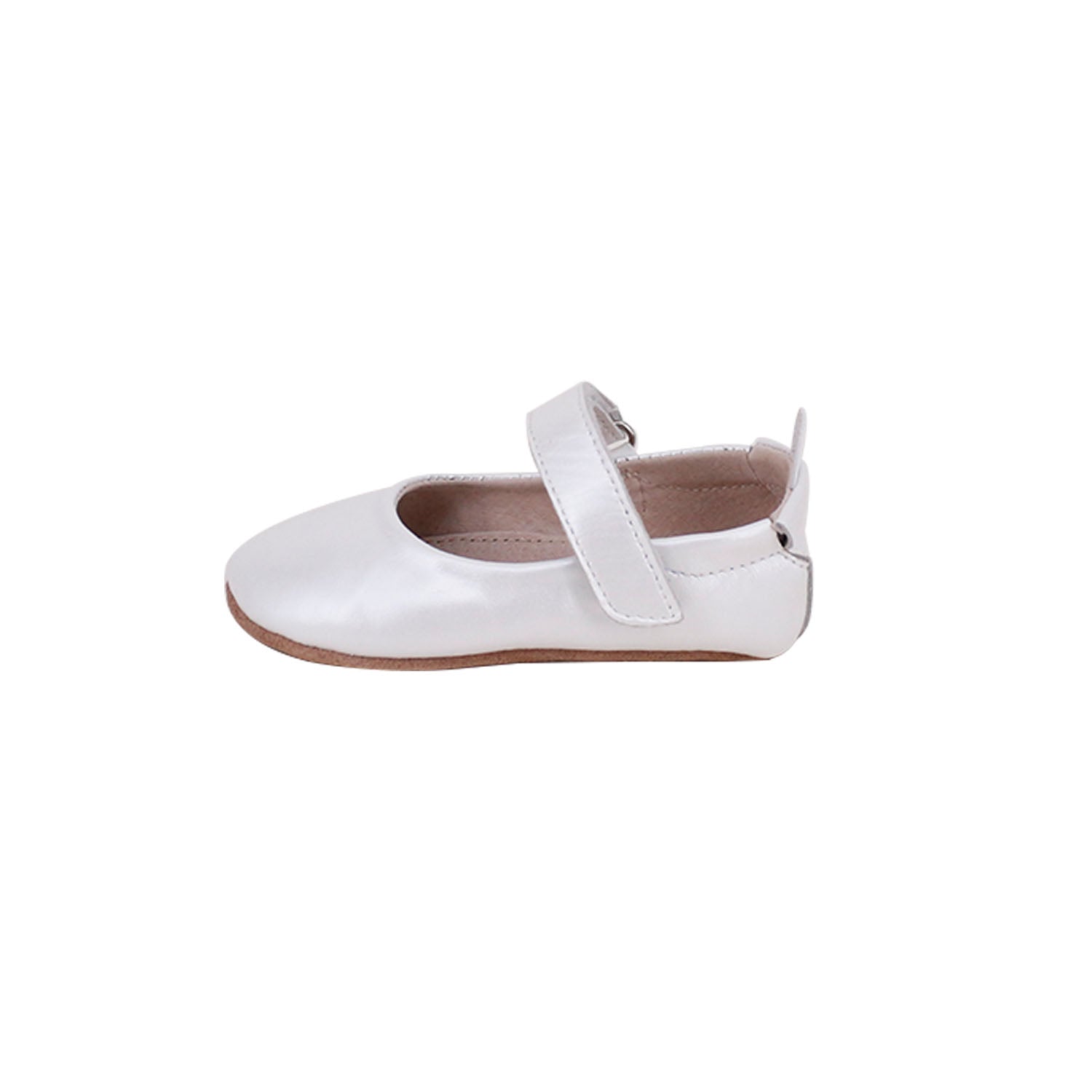 Bella Pre/First Walker Mary Jane Shoes in Pearl White, handmade leather shoes with a hook and loop closure and elasticised ankle collar for infants.