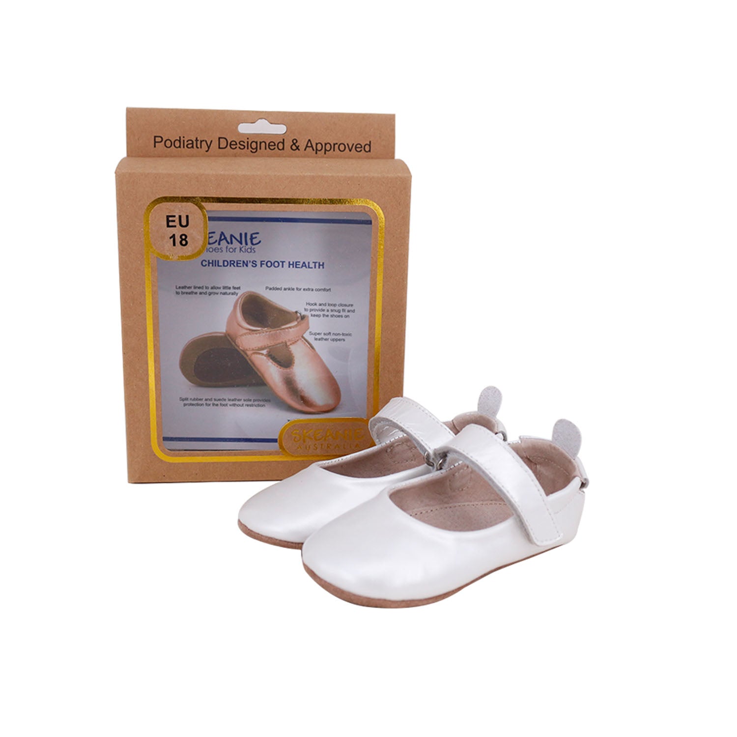 Bella Pre/First Walker Mary Jane Shoes in Pearl White, handmade leather shoes with a hook and loop closure and elasticised ankle collar for infants.