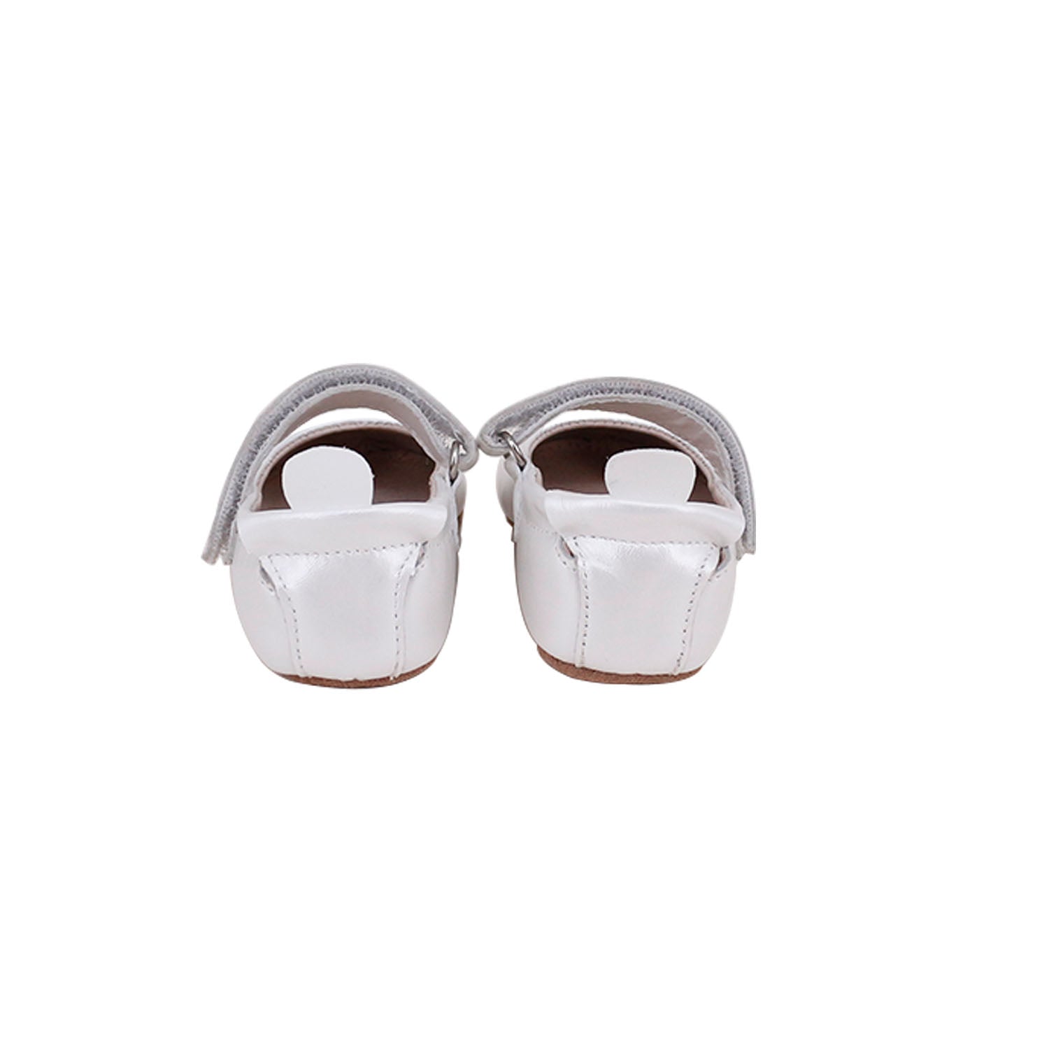 Bella Pre/First Walker Mary Jane Shoes in Pearl White, handmade leather shoes with a hook and loop closure and elasticised ankle collar for infants.