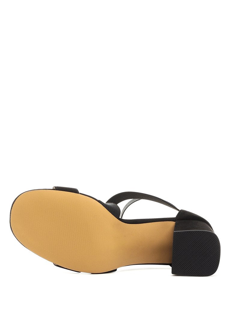 Benicia Elastic Strappy Block Heel Sandals featuring a stylish strappy design and block heel, made from microfiber with a back zipper fastening.