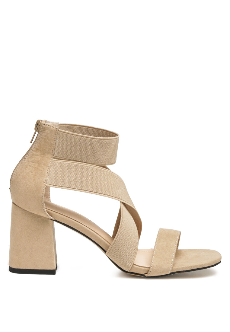 Benicia Elastic Strappy Block Heel Sandals featuring a stylish strappy design and block heel, made from microfiber with a back zipper fastening.