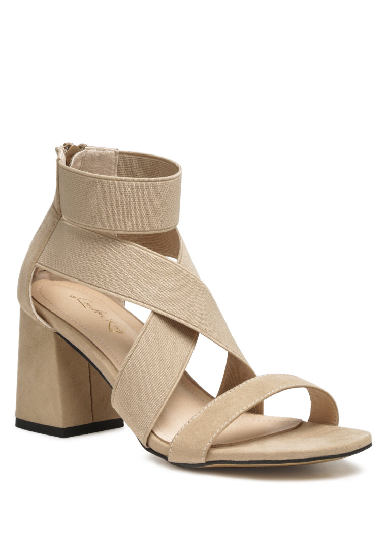 Benicia Elastic Strappy Block Heel Sandals featuring a stylish strappy design and block heel, made from microfiber with a back zipper fastening.