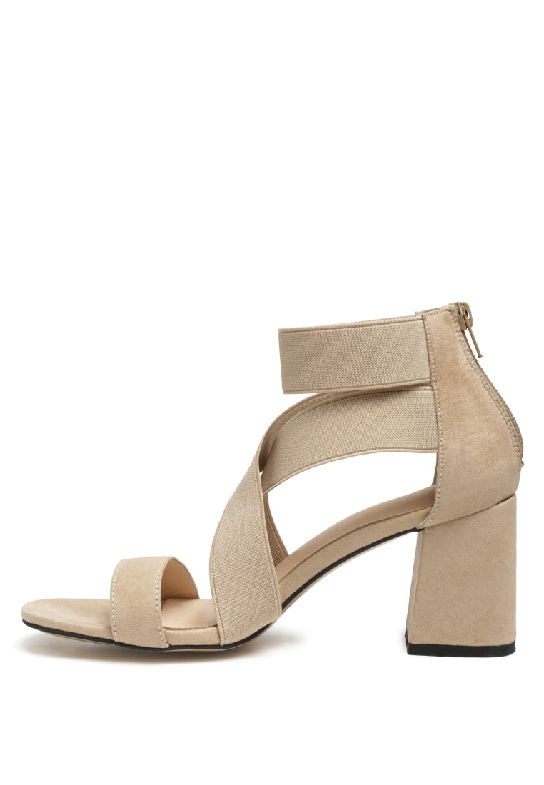 Benicia Elastic Strappy Block Heel Sandals featuring a stylish strappy design and block heel, made from microfiber with a back zipper fastening.