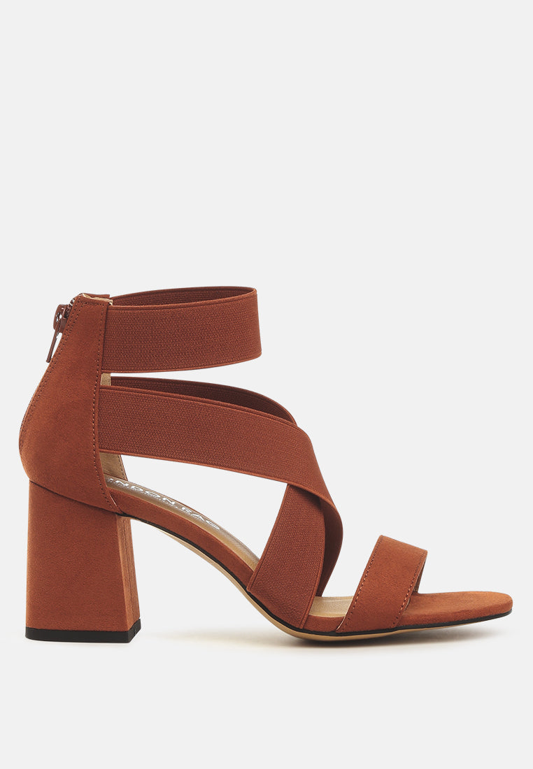 Benicia Elastic Strappy Block Heel Sandals featuring a stylish strappy design and block heel, made from microfiber with a back zipper fastening.