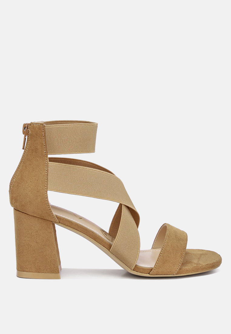 Benicia Elastic Strappy Block Heel Sandals featuring a stylish strappy design and block heel, made from microfiber with a back zipper fastening.