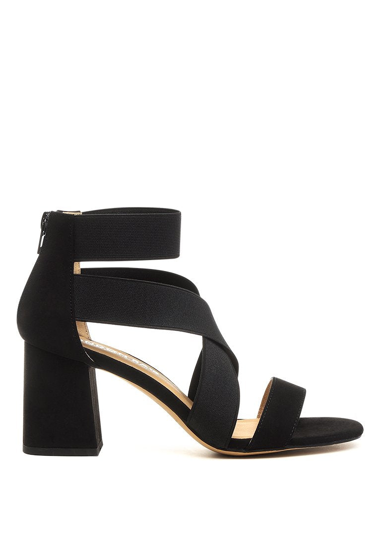 Benicia Elastic Strappy Block Heel Sandals featuring a stylish strappy design and block heel, made from microfiber with a back zipper fastening.