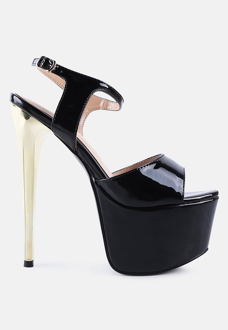 Bewitch Ultra High Heeled Ankle Strap Sandals featuring a shiny gold metallic heel and patent PU upper with a round peep toe design.