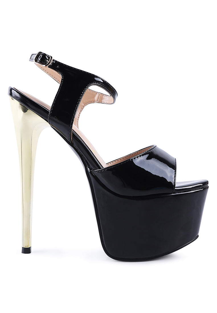 Bewitch Ultra High Heeled Ankle Strap Sandals featuring a shiny gold metallic heel and patent PU upper with a round peep toe design.