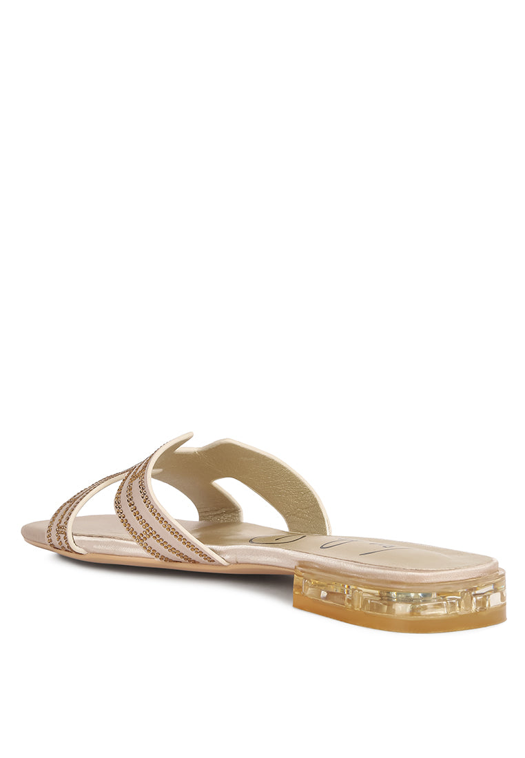 Big Money Low Stack Heel Embellished Sandals featuring rhinestones, patent PU upper, and clear low stack heels.