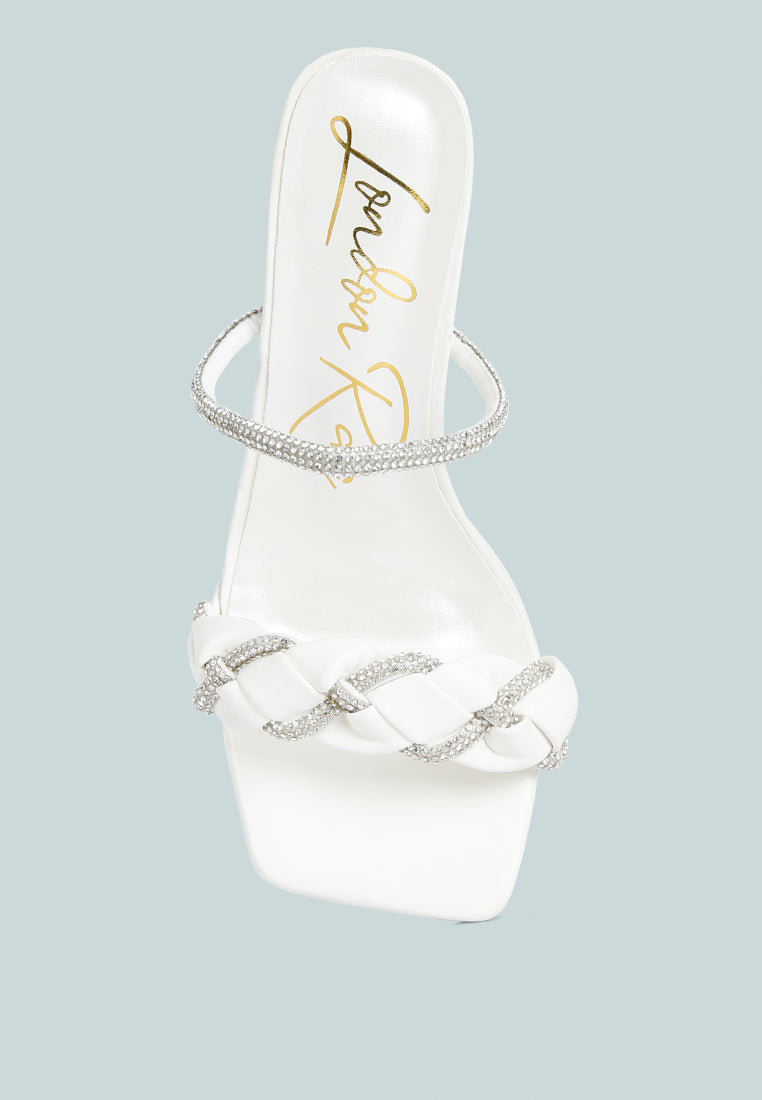 Big Plan Diamante Detail Mid Heel Sandals featuring rhinestone embellishments and clear chain heel, perfect for casual occasions.