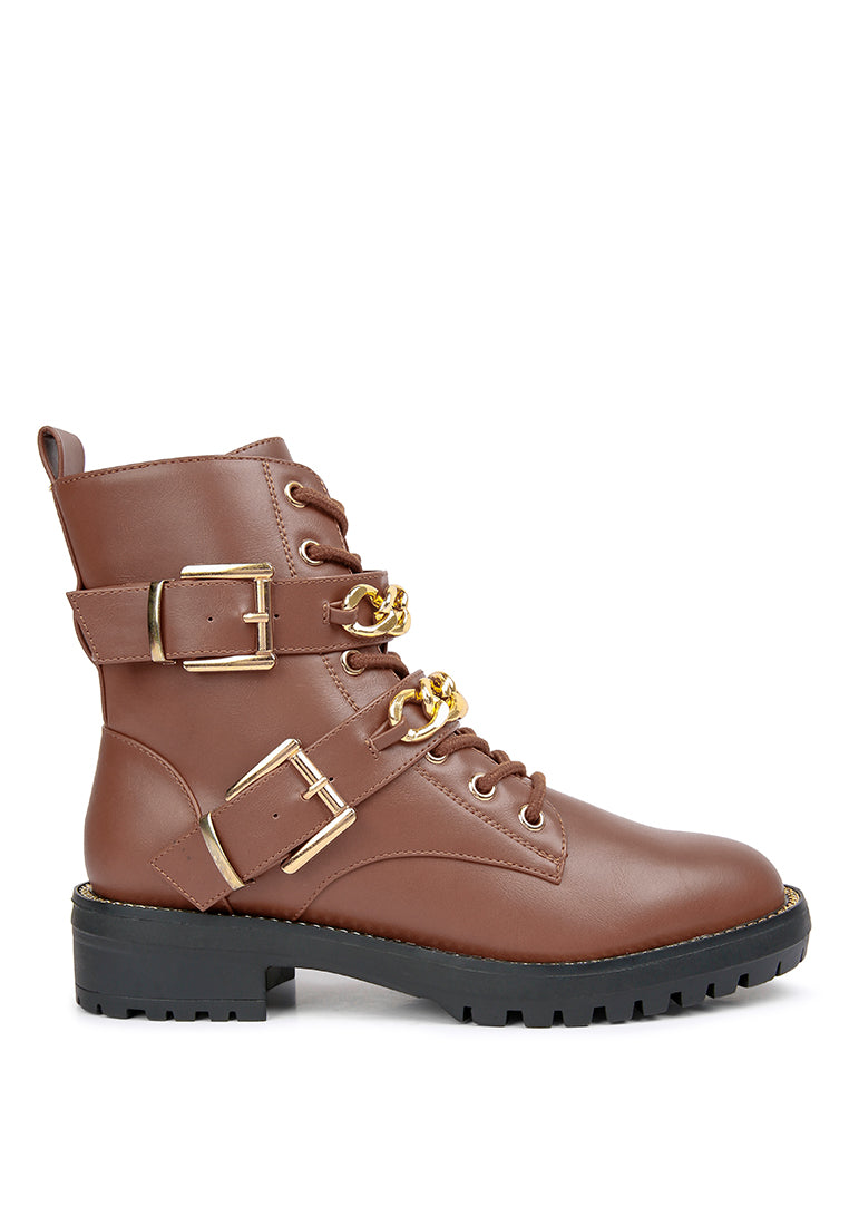 Billy Metal Chain Embellished Biker Boots featuring faux leather, metal chain details, and a stylish design.