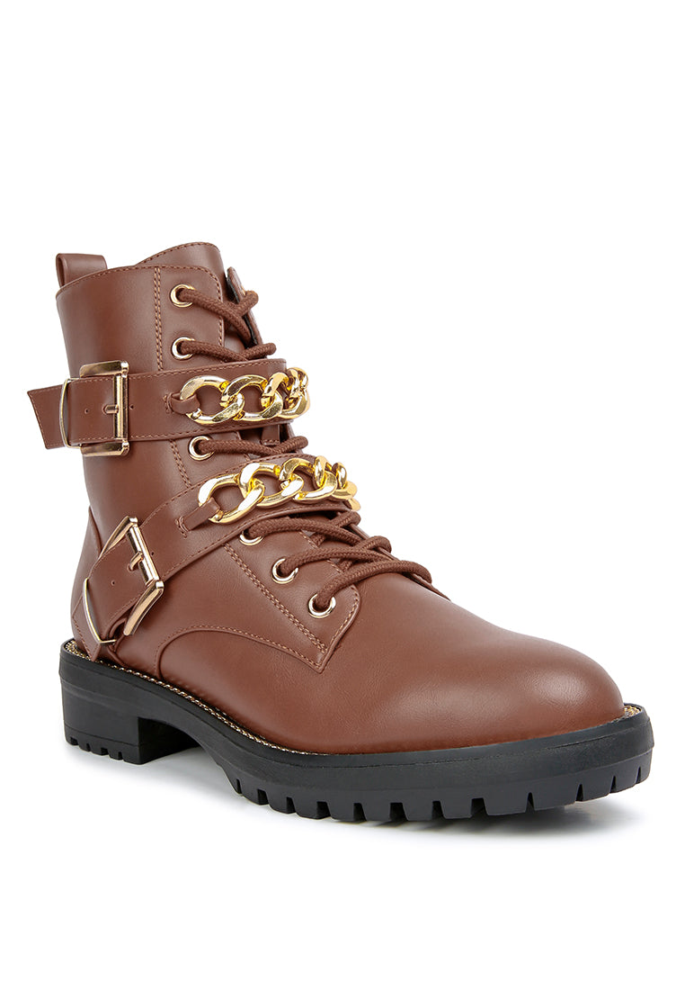 Billy Metal Chain Embellished Biker Boots featuring faux leather, metal chain details, and a stylish design.