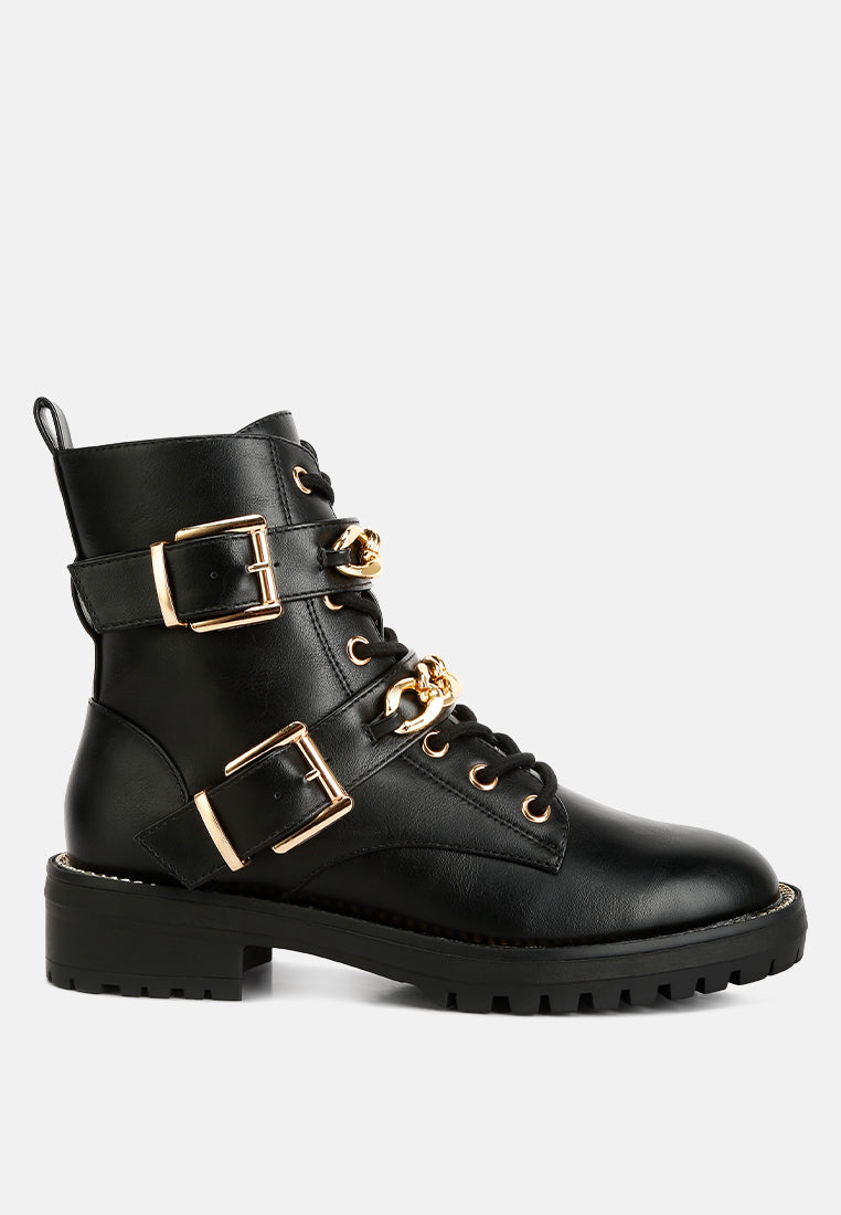 Billy Metal Chain Embellished Biker Boots featuring faux leather, metal chain details, and a stylish design.