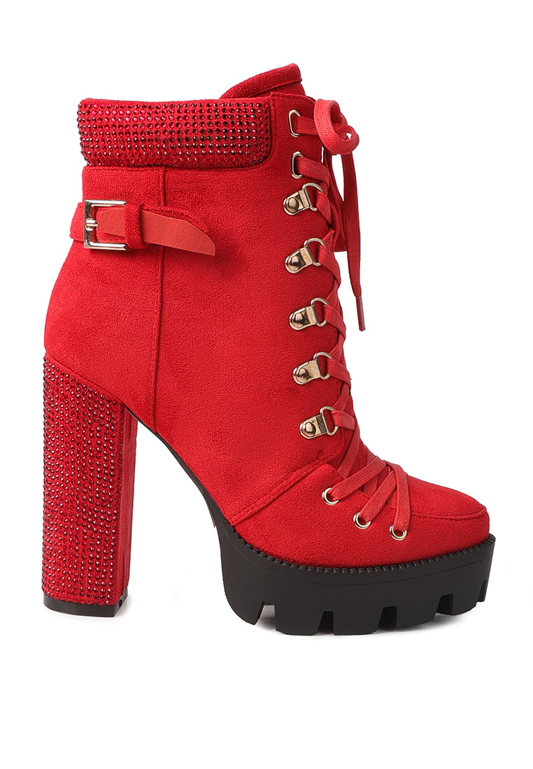 Stylish Birch Block Heeled Ankle Boots with rhinestone detailing, cushion collar, and sturdy lug sole.