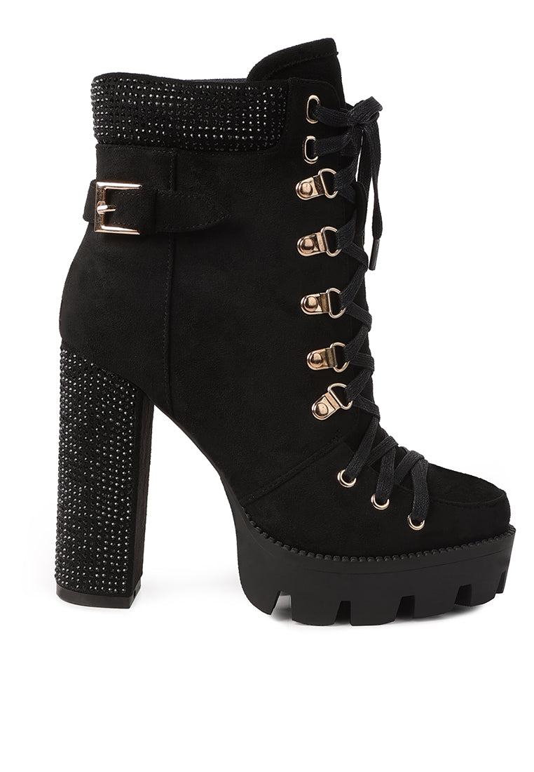 Stylish Birch Block Heeled Ankle Boots with rhinestone detailing, cushion collar, and sturdy lug sole.