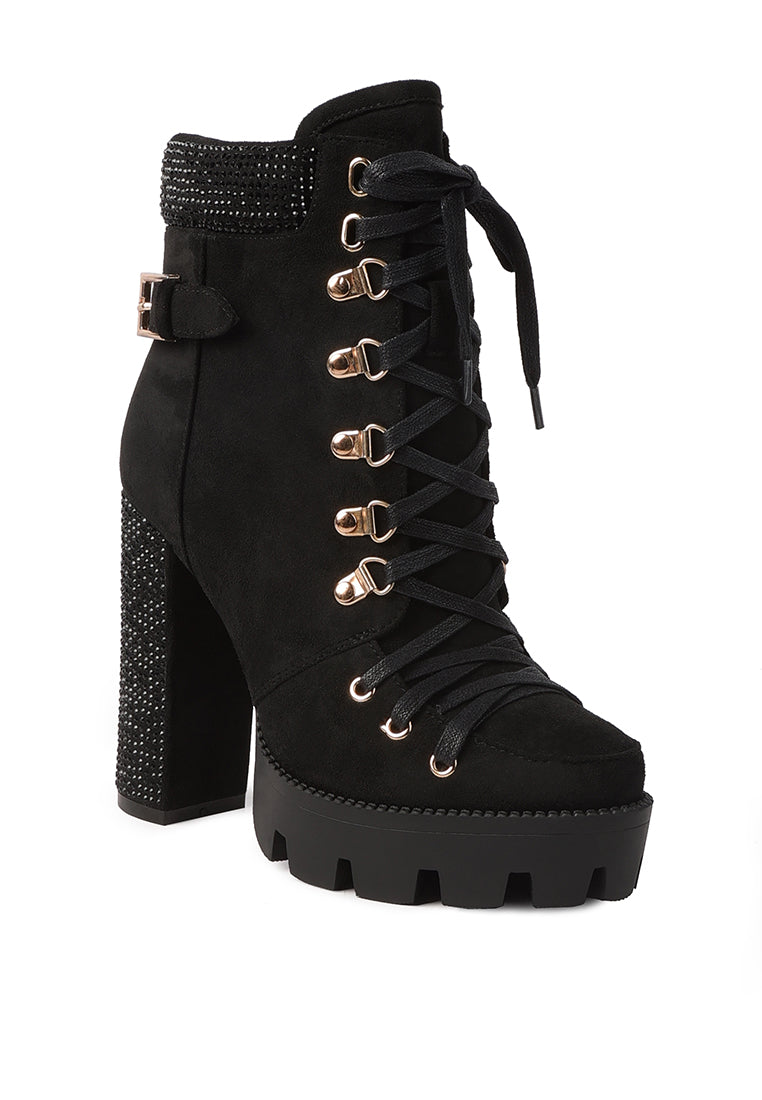 Stylish Birch Block Heeled Ankle Boots with rhinestone detailing, cushion collar, and sturdy lug sole.