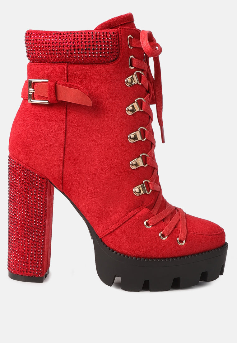 Stylish Birch Block Heeled Ankle Boots with rhinestone detailing, cushion collar, and sturdy lug sole.