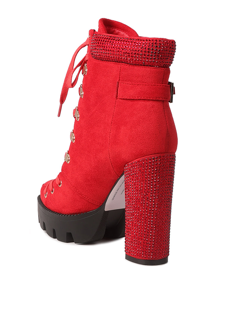 Stylish Birch Block Heeled Ankle Boots with rhinestone detailing, cushion collar, and sturdy lug sole.