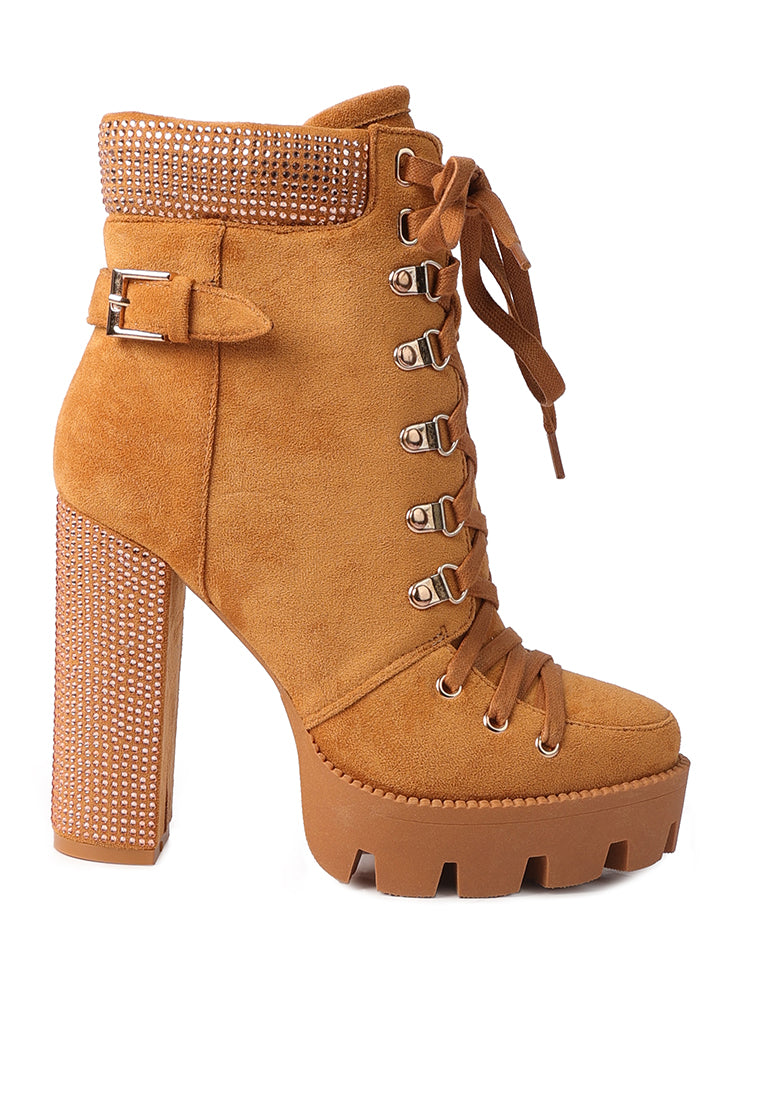 Stylish Birch Block Heeled Ankle Boots with rhinestone detailing, cushion collar, and sturdy lug sole.