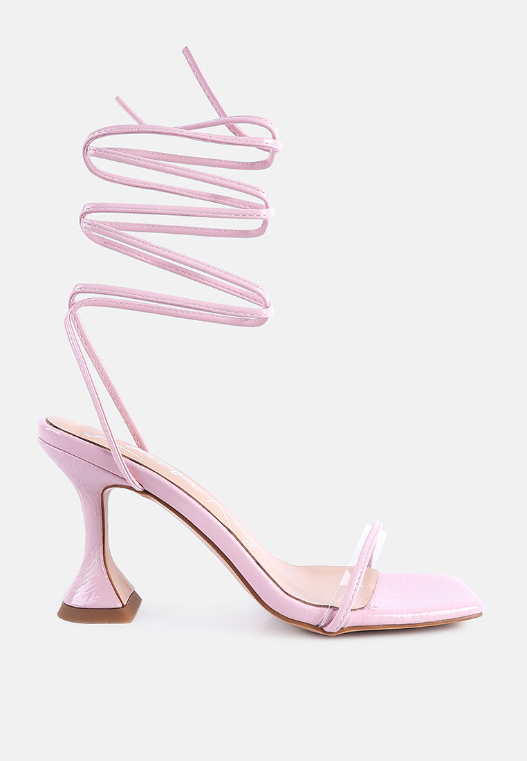 Biten Berry Spool Heel Lace Up Sandals featuring crinkled patent PU upper, mid heel, and clear strap detail, perfect for summer outfits.