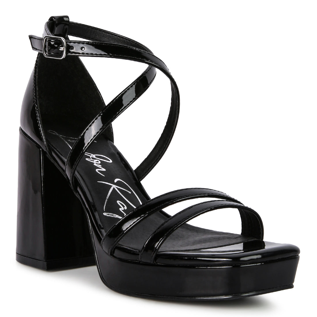 A pair of stylish black block heeled platform sandals with shiny patent PU straps and an open square toe design.