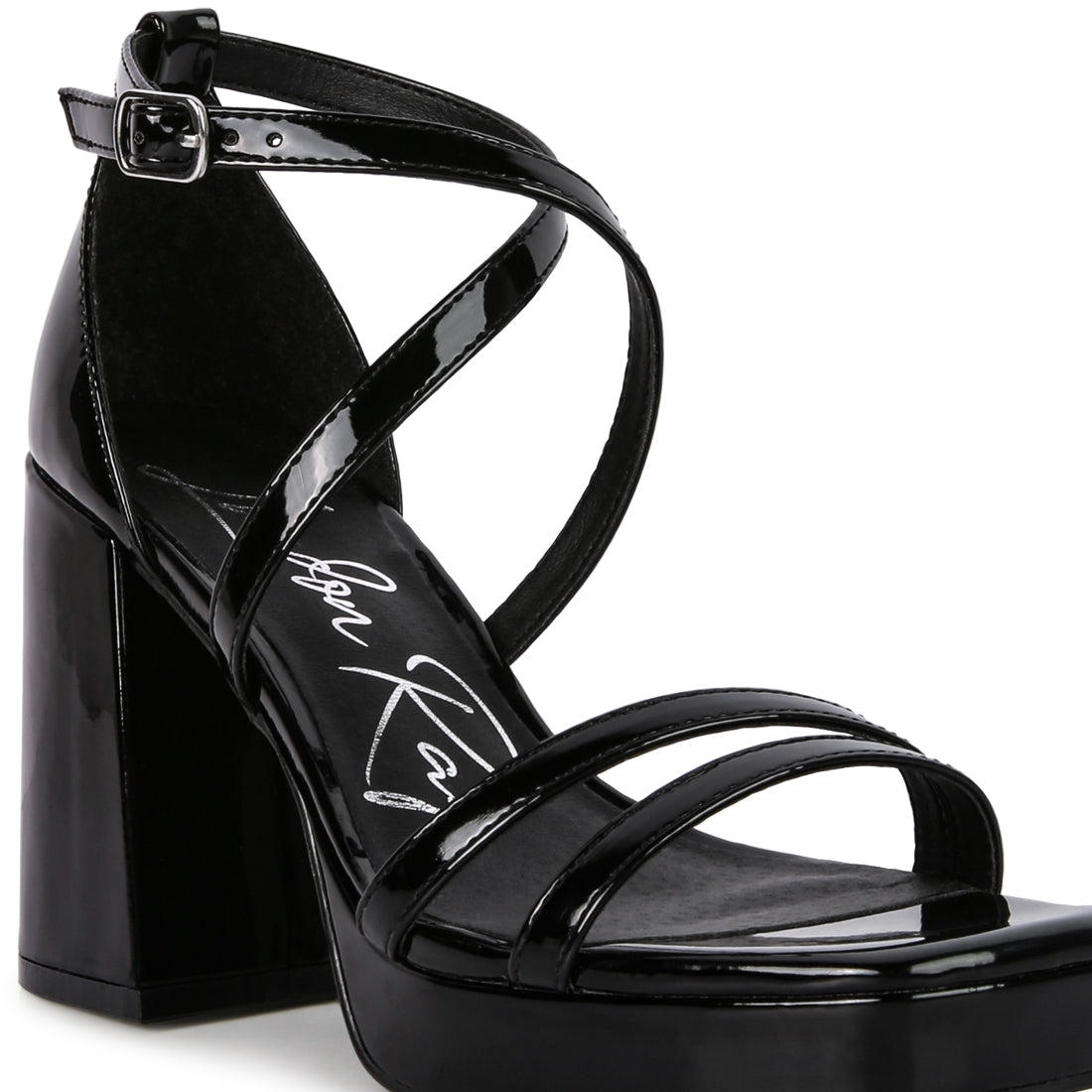 A pair of stylish black block heeled platform sandals with shiny patent PU straps and an open square toe design.