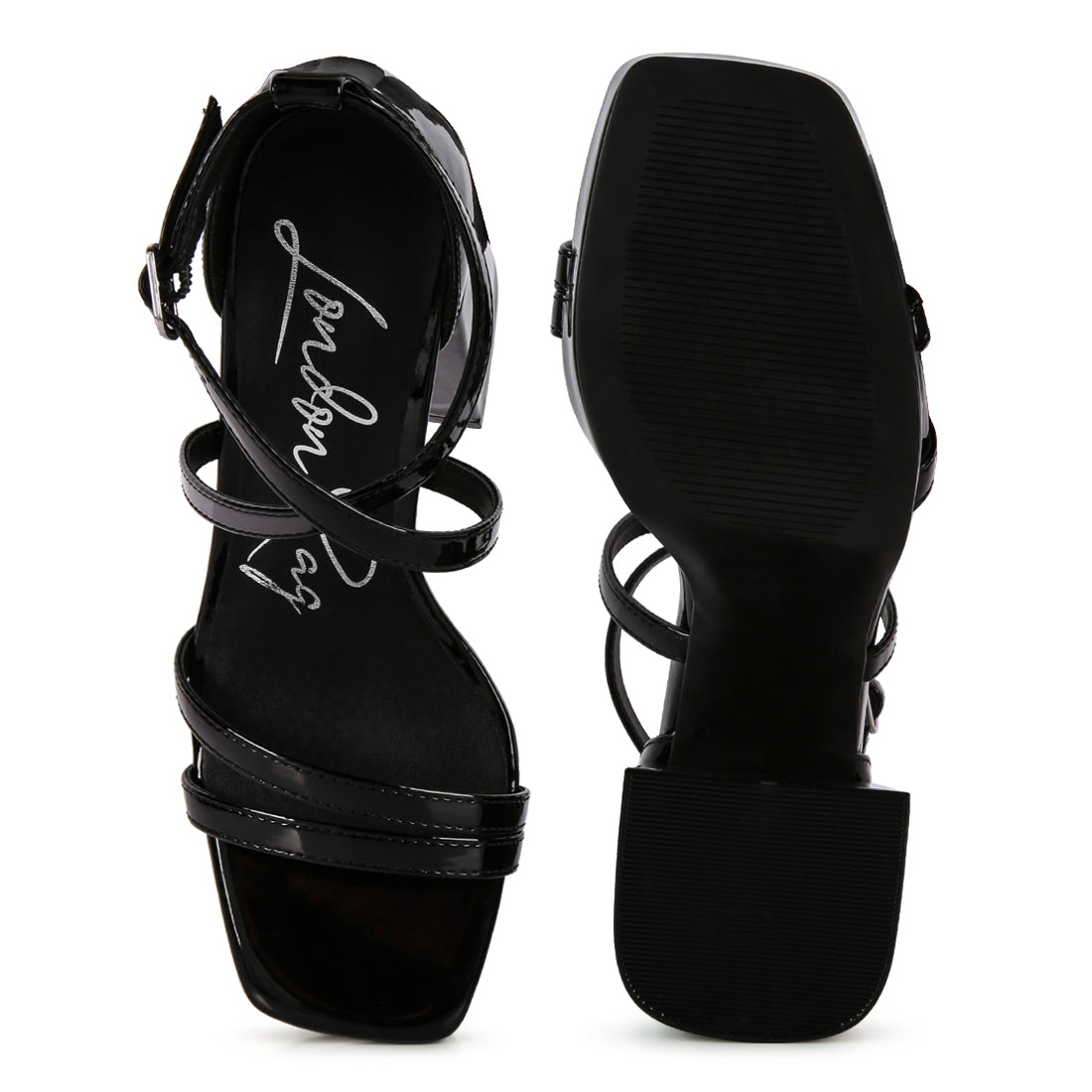 A pair of stylish black block heeled platform sandals with shiny patent PU straps and an open square toe design.