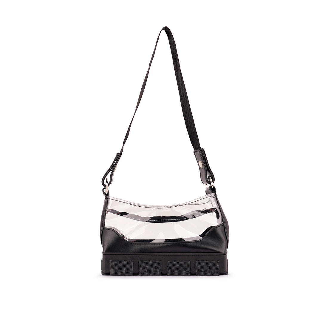 Black Clear Utility Handbag featuring a stylish design with a chunk platform and zipper closure, perfect for daily use.