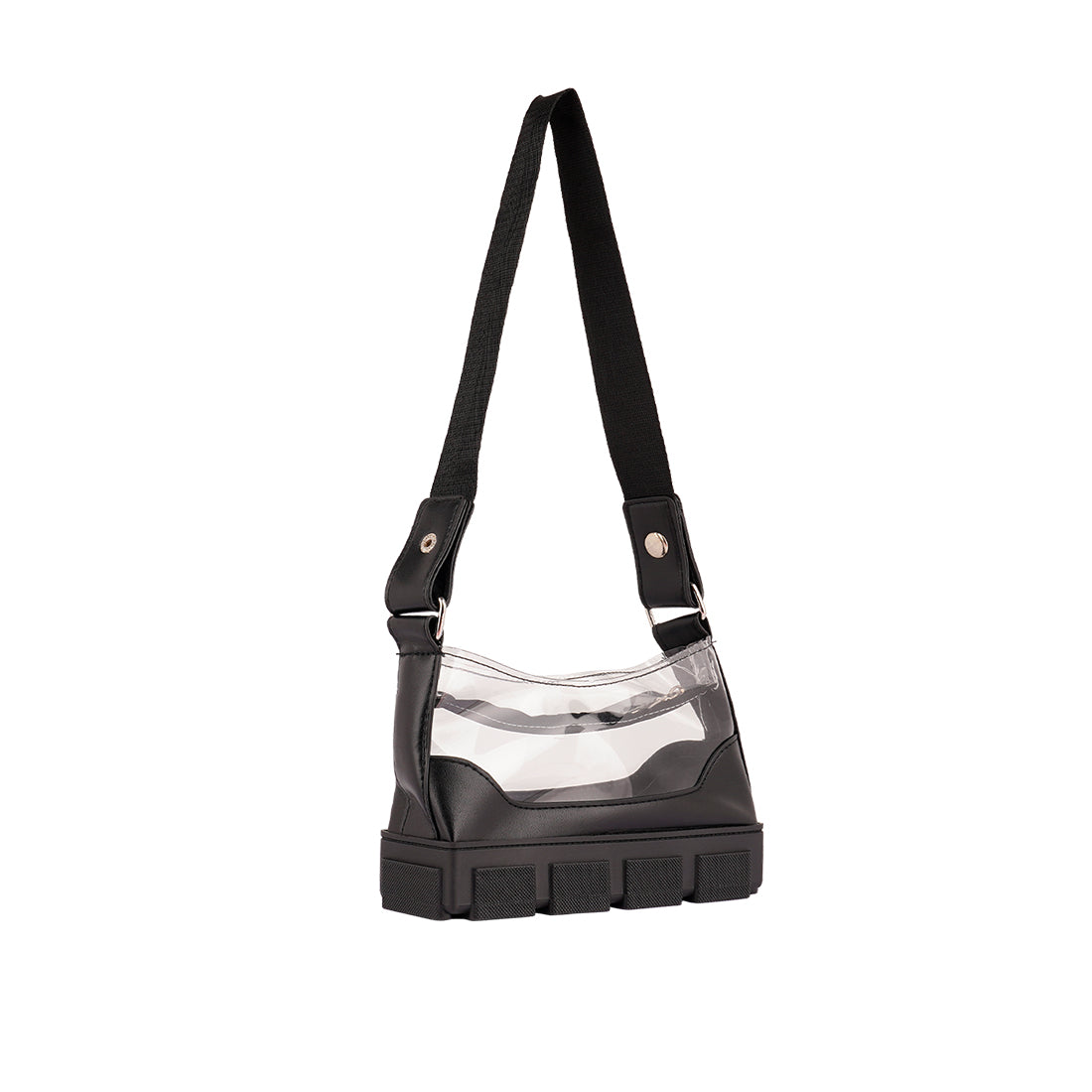 Black Clear Utility Handbag featuring a stylish design with a chunk platform and zipper closure, perfect for daily use.