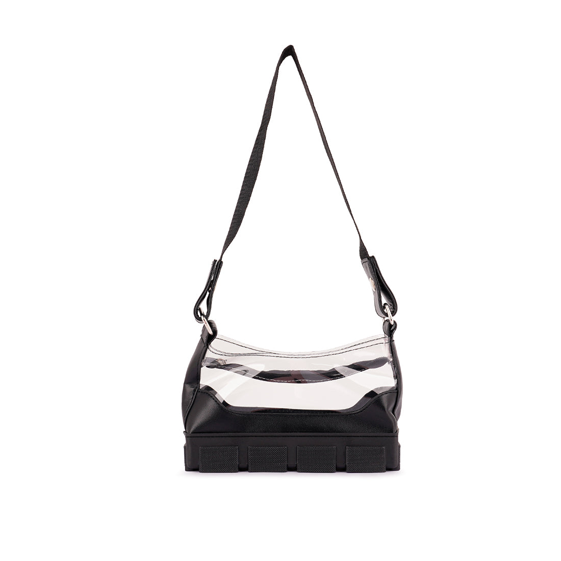 Black Clear Utility Handbag featuring a stylish design with a chunk platform and zipper closure, perfect for daily use.