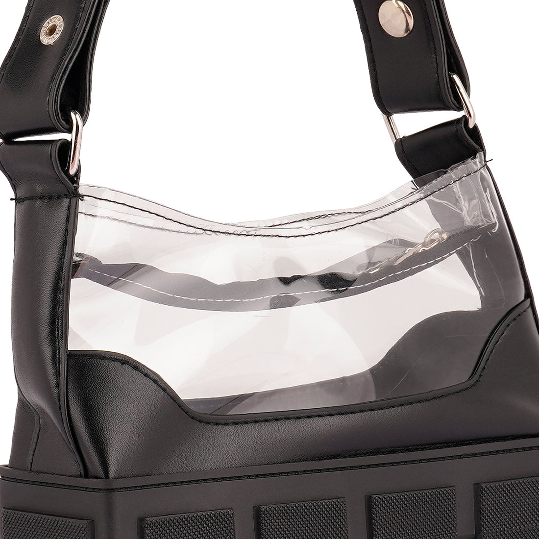 Black Clear Utility Handbag featuring a stylish design with a chunk platform and zipper closure, perfect for daily use.