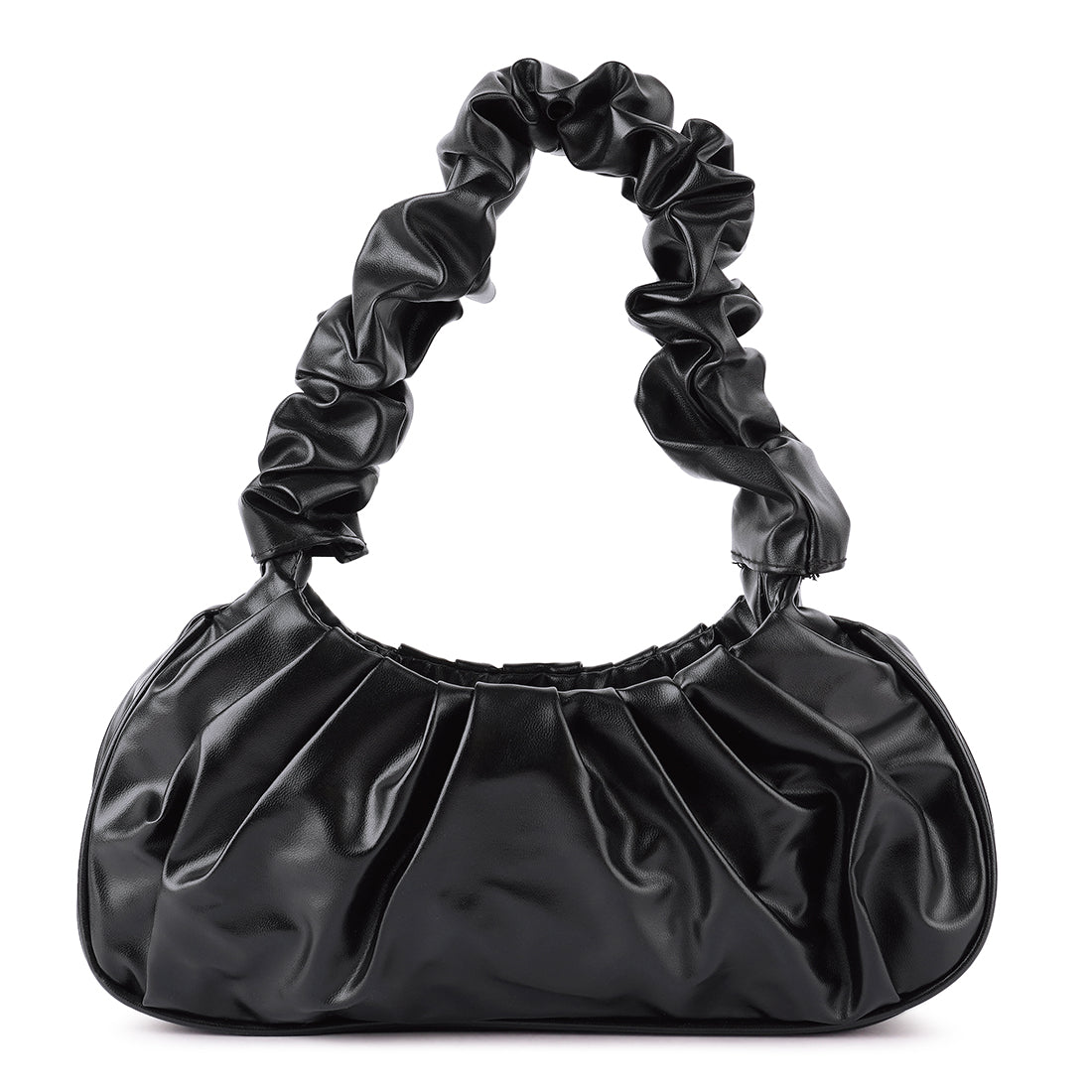 Elegant black handheld hobo bag made from rich PU, featuring a gathered design and magnetic snap closure.