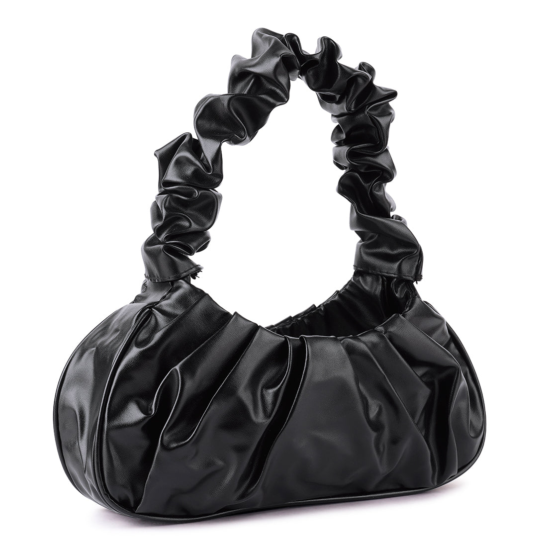 Elegant black handheld hobo bag made from rich PU, featuring a gathered design and magnetic snap closure.